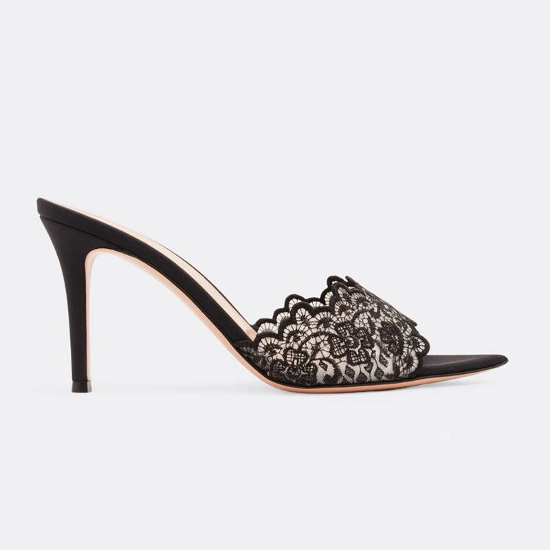 Gentle Pointed-Toe Lace Party High-Heeled Shoes for Women, Summer 2026 New Model, Embroidered Thin Heels, Champagne Gold Embroidered High-Heeled Mules