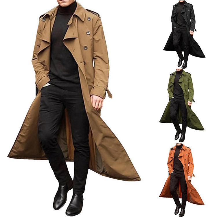 Cross-Border European and American Men's Spring and Autumn Long Double-Breasted Trench Coat Fashion Versatile Large Lapel Casual Jacket Cloak