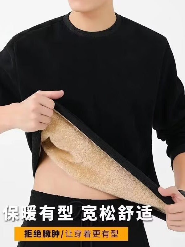Autumn and Winter Velvet Thickeneded Sweatshirt Men's Lamb Velvet Round Neck Black Bottoming Loose Thermal Intimates Men's Top