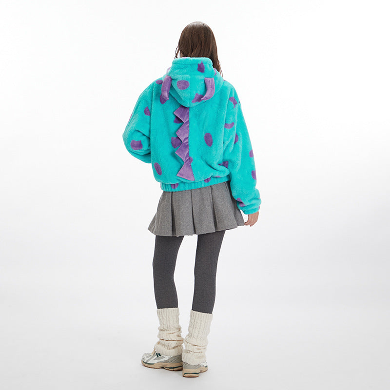 Heyhenry2025 Autumn and Winter European and American Fun Funny Cute Dinosaur Monster Polar Fleece Warm Sweatshirt for Women