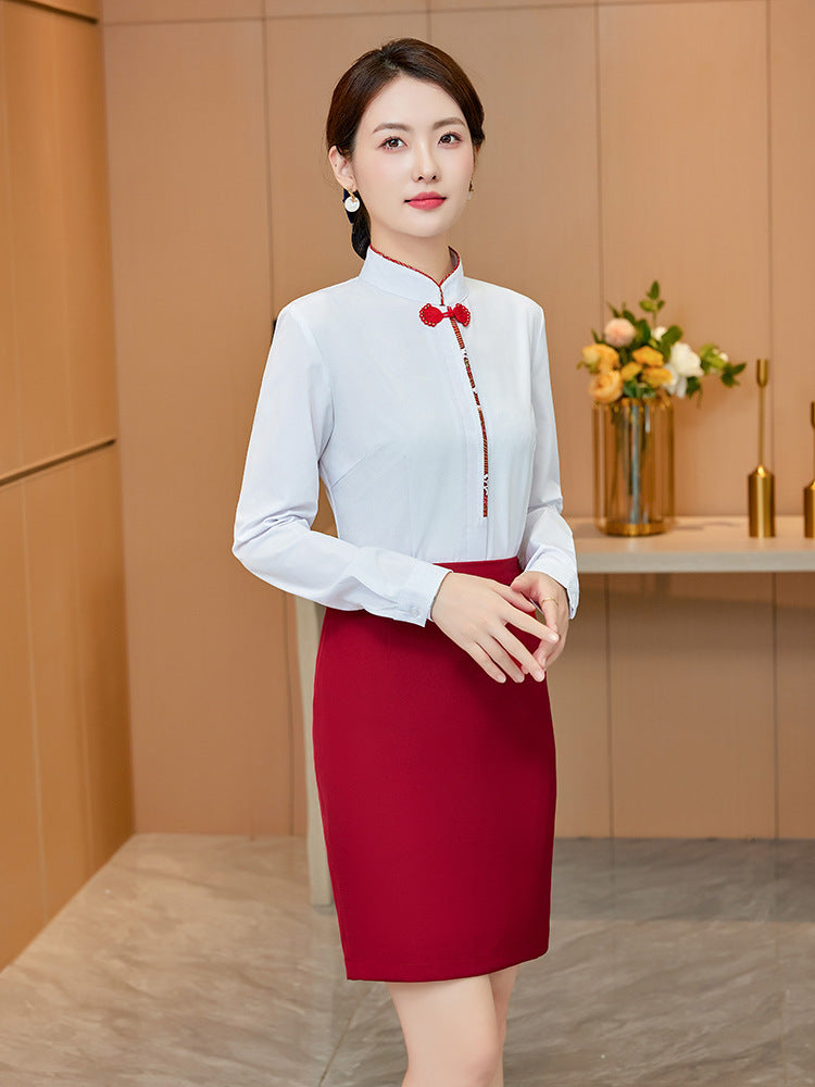 White Shirt Women's Vertical Collar Slim-fit Slimming Top with Buckle Korean Style Elegant Hotel Front Desk Attendant Professional Shirt