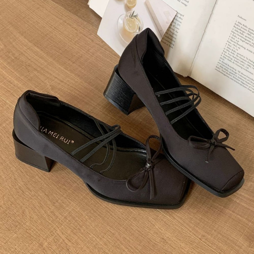 High Heels for Women 2025 New Spring and Autum Thick Heel Pig Mouth Flats French Square Toe Ballet Mary Jane Small Leather Shoes