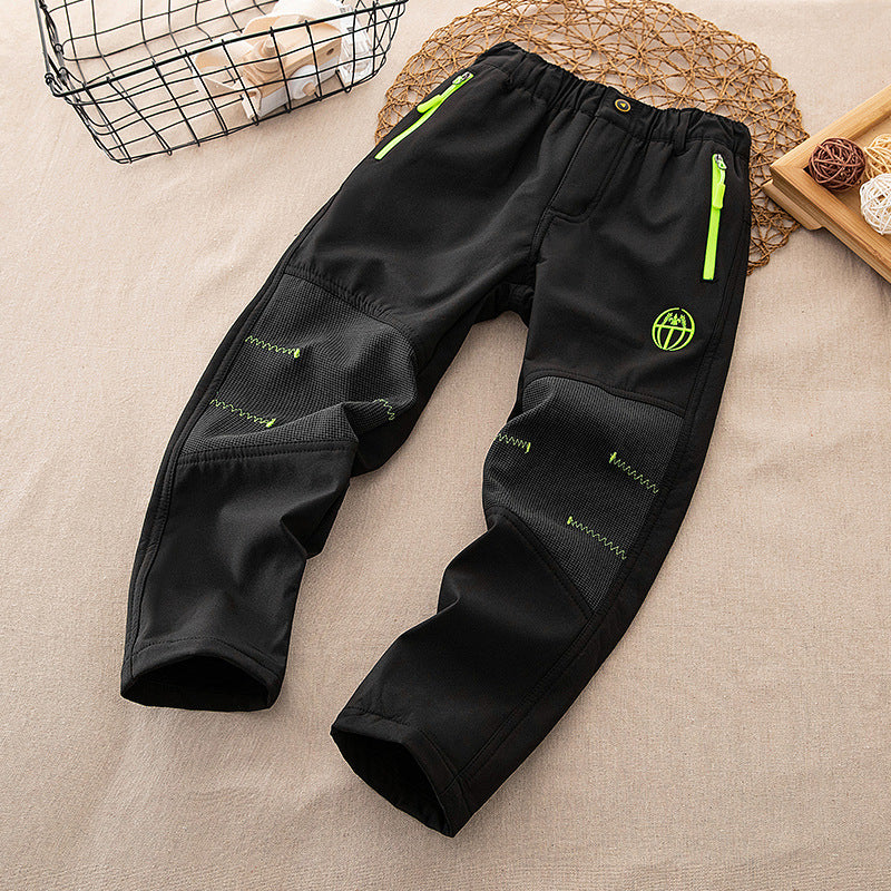 Cross-border Children Autumn and Winter Outdoor Soft Shell Rush Pants Mountaineering Jogging Pants Windproof fleece-lined Warm Pants for Boys and Girls