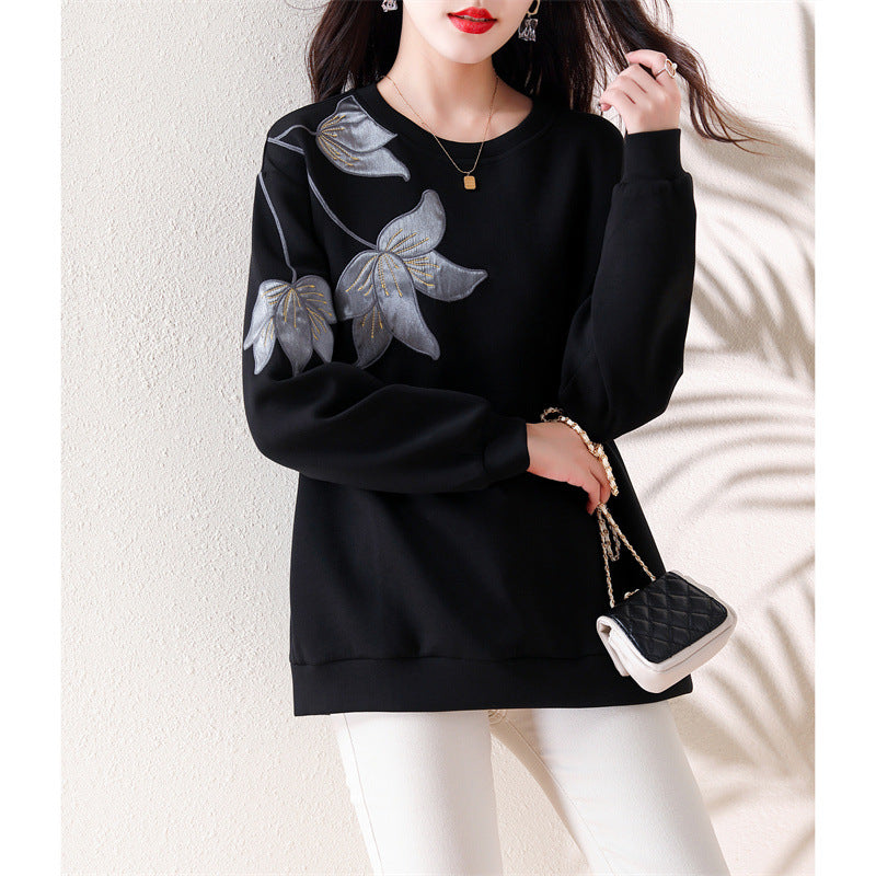 Real Shot Sweat Women's Autumn New Fashionable Elegant Loose Embroidered Top Slim Look plus size Fashionable Sweat