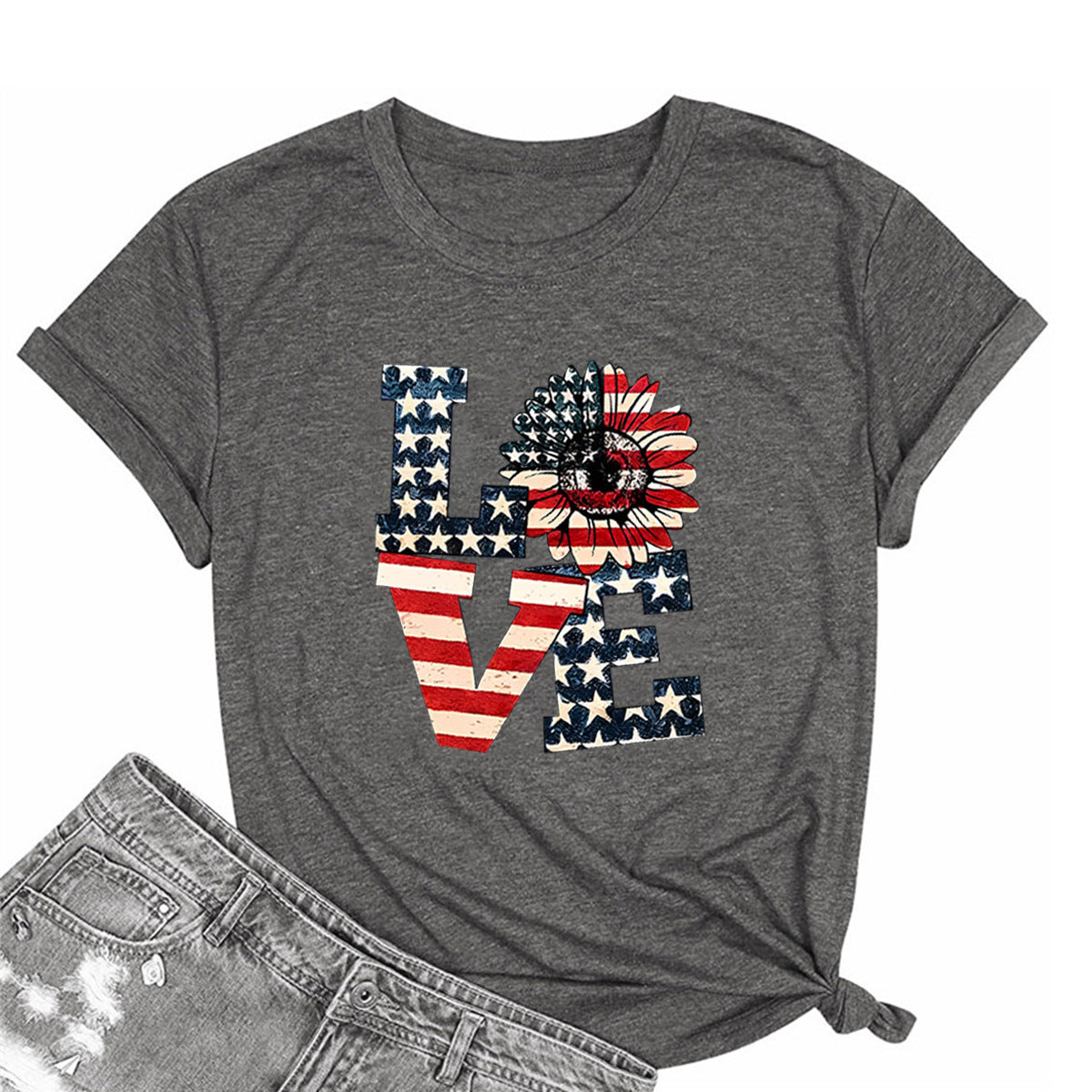 Round Neck American Independence Day T-Shirt Women Love American Flag Printed Top Colored Cotton T-Shirt