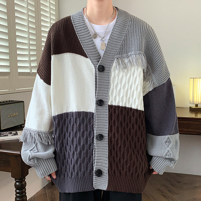 Spliced Personalized Knitted Cardigan Jacket for Men in Autumn and Winter, Trendyy Brand, Loose Sweater for Men, Lazy Style Knitted Sweater