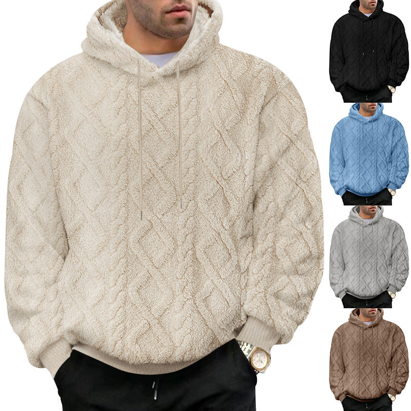 Cross-Border American Style Autumn and Winter Sweatshirt for Men, Casual High Street Jacquard Diamond Double-Sided Fleece Loose Pullover Hooded Sweatshirt for Men