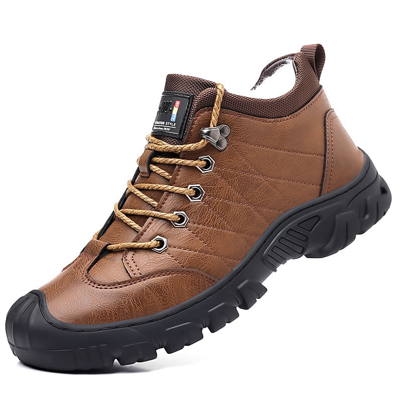 Winter New Men's Wool Warm Cotton Leather Boots Men's Online Sewing Lace-up Casual Leather Shoes Non-slip Wear-resistant Ankle Boots