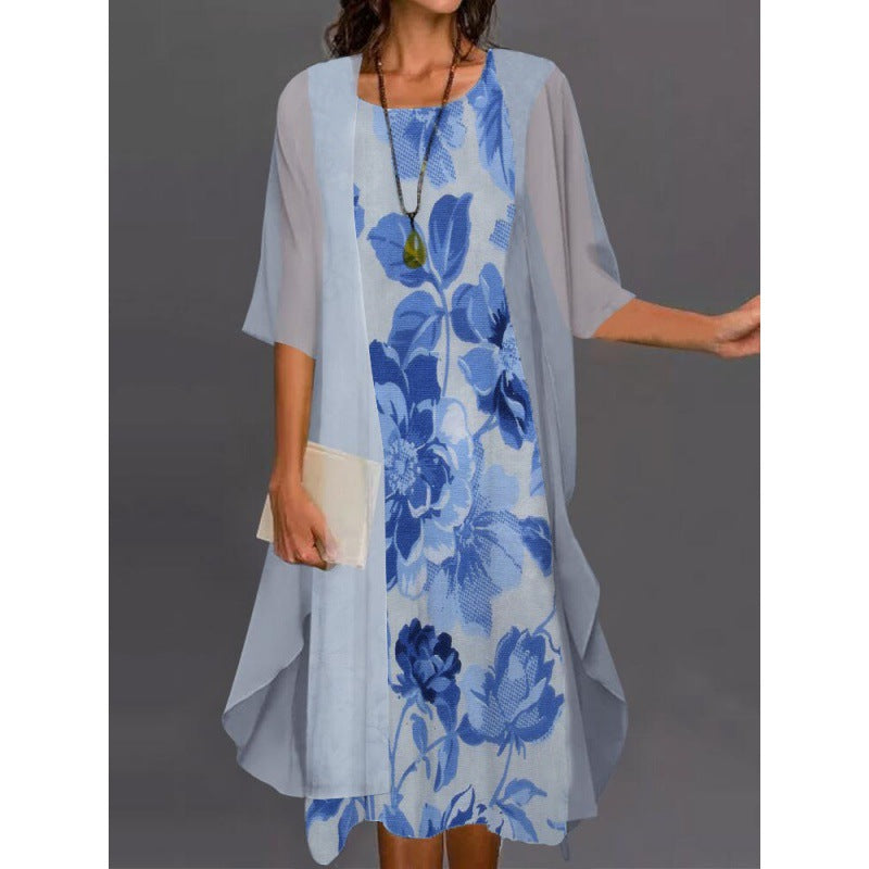 European and American Amazon Summer Women's Casual dress Two-Piece Flower-Print Round Neck Slim-Fit Dress Women