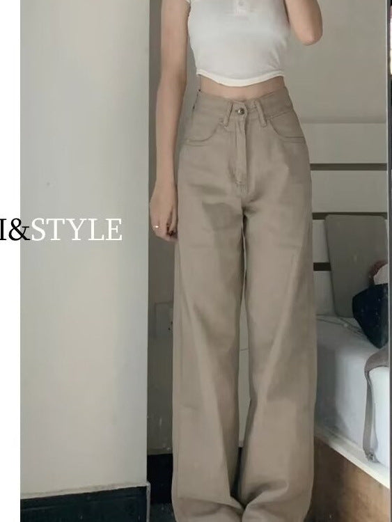 Khaki Jeans for Women Spring & Fall New Style High-Waisted Slim Fashion Versatile Straight-Leg Loose Floor-Length Wide-Leg Long Pants