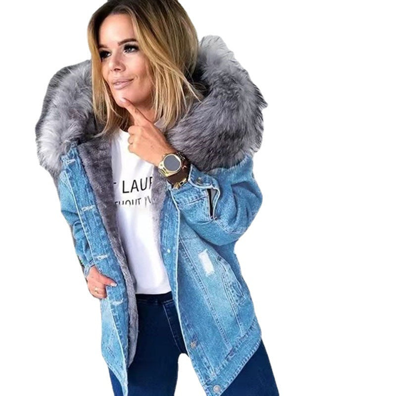 Women Winter Big Size Denim Jacket Ladies Warmth Jeans Coat