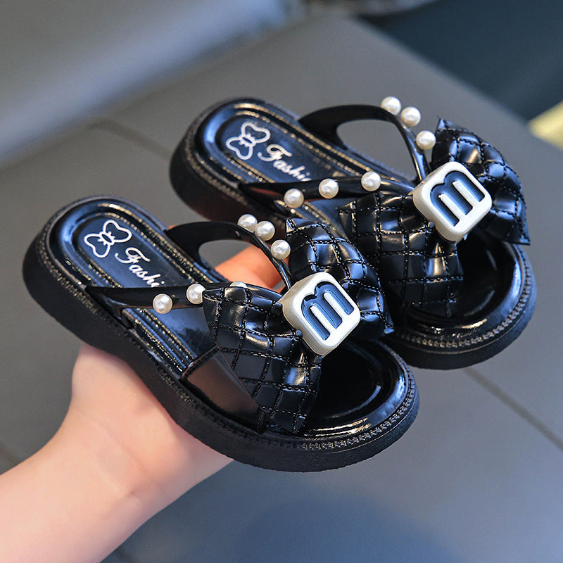 Children's Slippers Cross Slippers Women's 2024 Summer New Cyber Celebrant Beach Bow Chanel Style Slides
