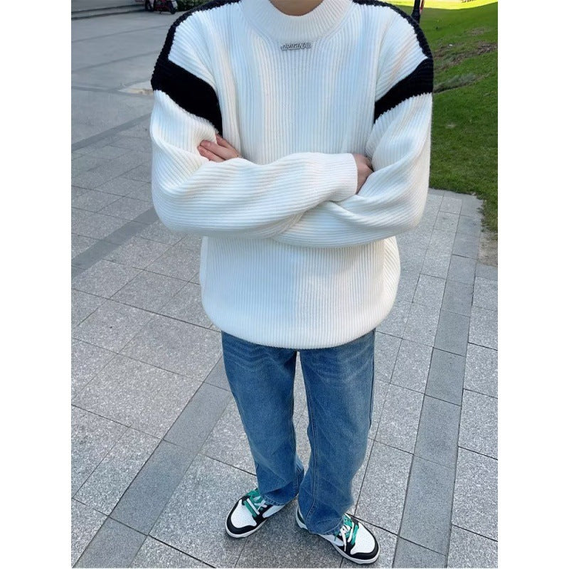 Contrast color sweater men's autumn and winter New round neck long sleeve sweater fashionable inner bottoming sweater fashionable one-piece delivery