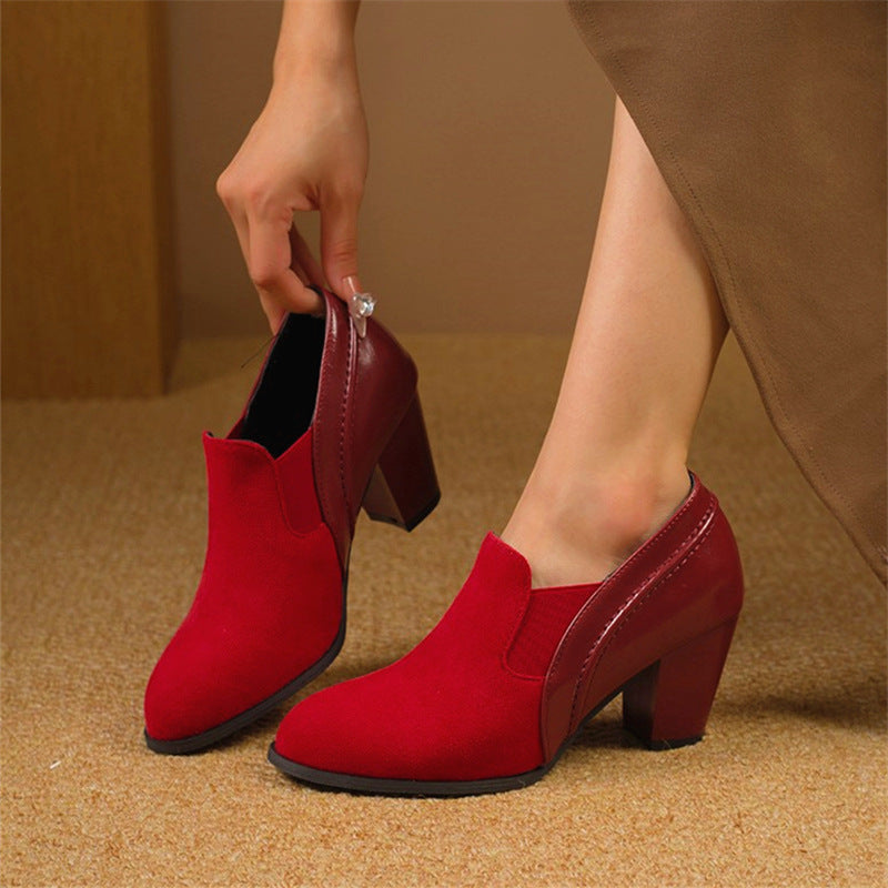 Red High Heels for Women 2025 Autum New Thick Heel Pointed Toe Deep Mouth Flats Korean Style Large Size Elastic Fashion Women's Shoes