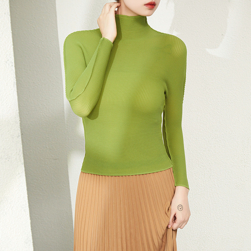 Miyake Seamless One-Piece Half Turtleneck Bottoming Shirt for Women Pleated Turtleneck Elegant Slim Slim Long-Sleeved T-Shirt for Women Thin Section