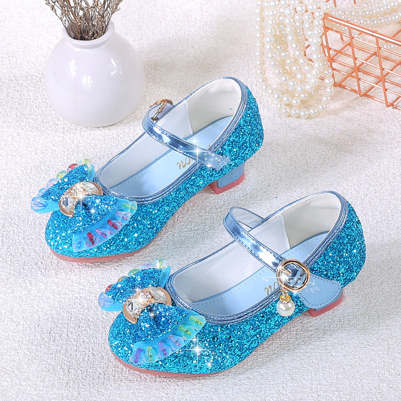 Girls' Leather Shoes Spring Dress High-heeled Single-layer Shoes for Big Children Colorful Diamond Bow Wedding Host Performance Princess Shoes