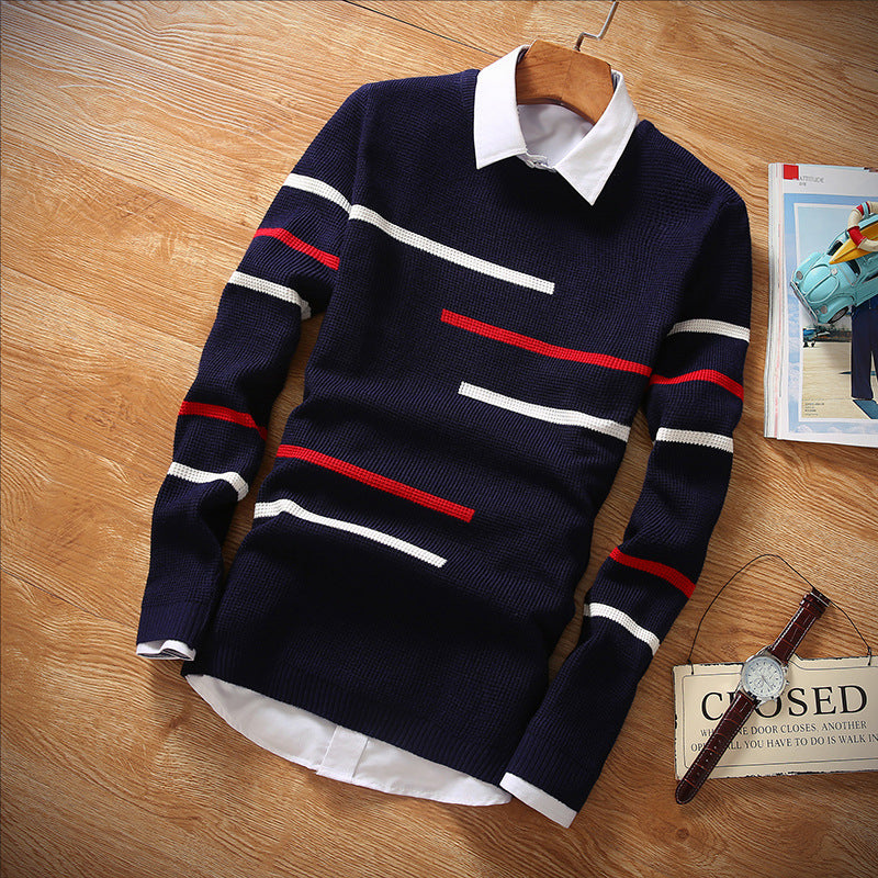 Men's Crewneck Sweater Cross-border Amazon Youth Slim-fit Casual Striped Jacquard Base Shirt Pullover Knitted Sweater