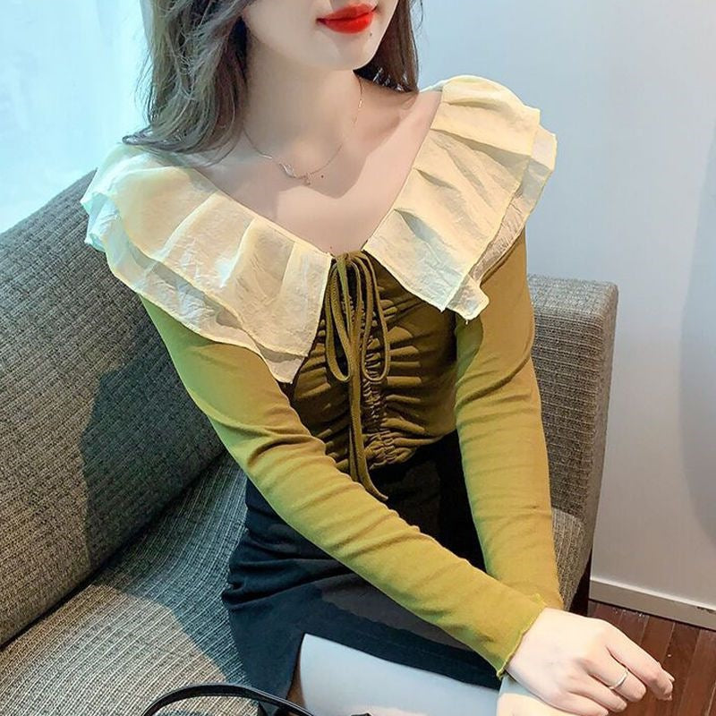 Pure Desire Hot Girl One-Shoulder Long Sleeve T-Shirt for Women 2024 Autumn New Style with Unique Ruffle Design Short Top