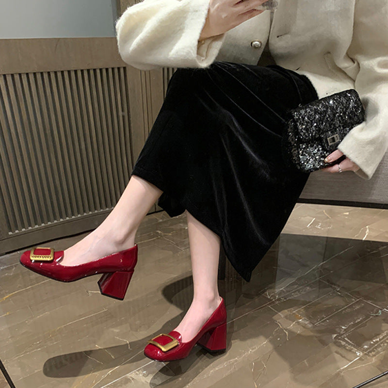 2025 Autumn New Collection Evening Gown~ Classic Square Buckle Patent Leather Chunky Heel Commuting High Heels Women's Wedding Shoes