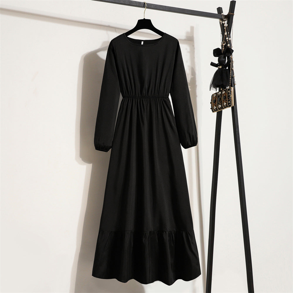 Cross-Border Export Aliexpress Women's New Long Skirt Pure Color Pullover Long-Sleeved Waist A-Line Dress