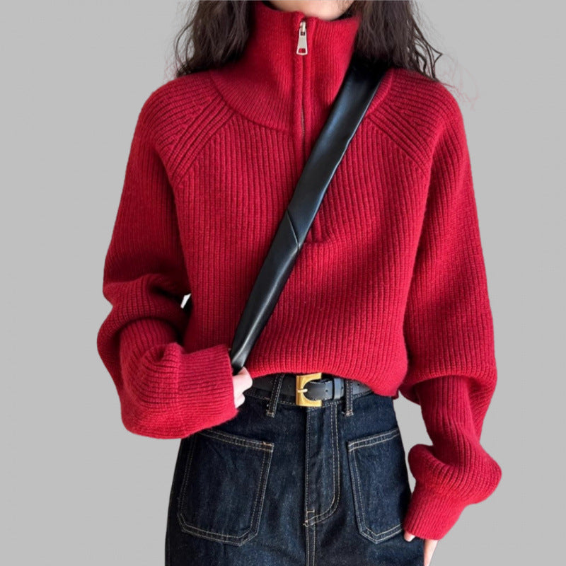 Designed Half-High Collar Zipper Red Knit Sweater for Women, Short Style, New Spring Model, High-Waisted Sweater, Loose and Thickened
