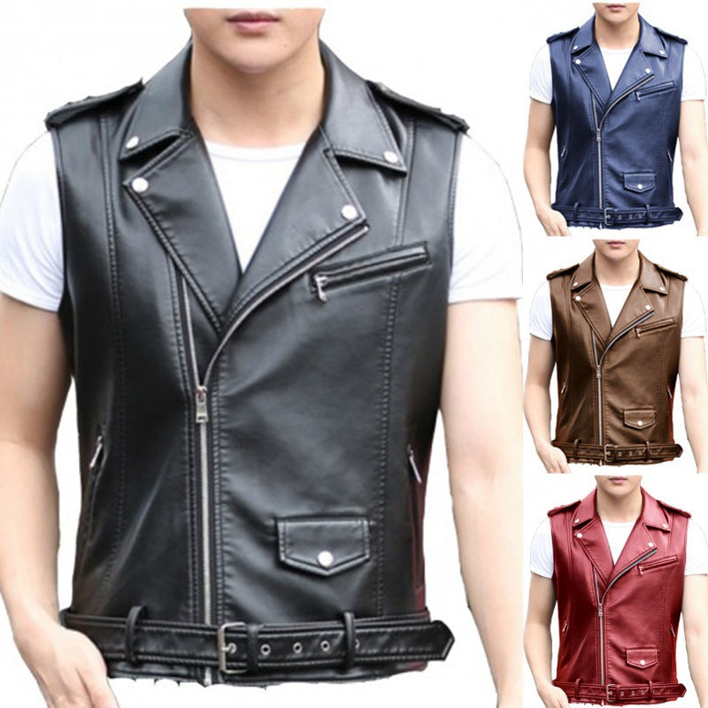 2022 European and American New Men's Slim Punk Motorcycle Sleeveless Leather Jacket Vest Diagonal Zipper Pu Leather Vest for Men