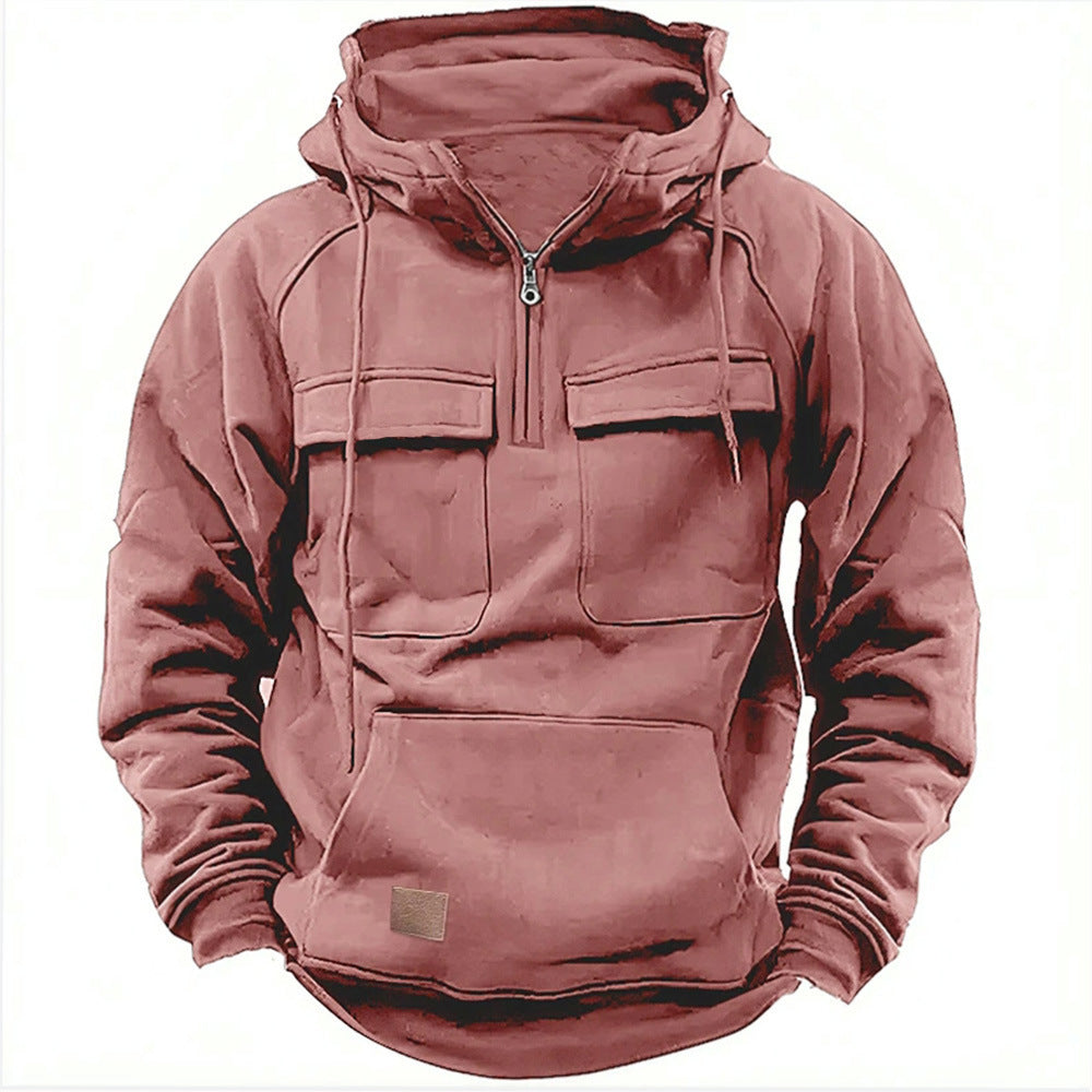 Cross-Border Men's Half-Zip Hooded Sweatshirt, Retro Workwear with Multiple Flap Pocket Pantss, Loose Casual Pullover Hoodie
