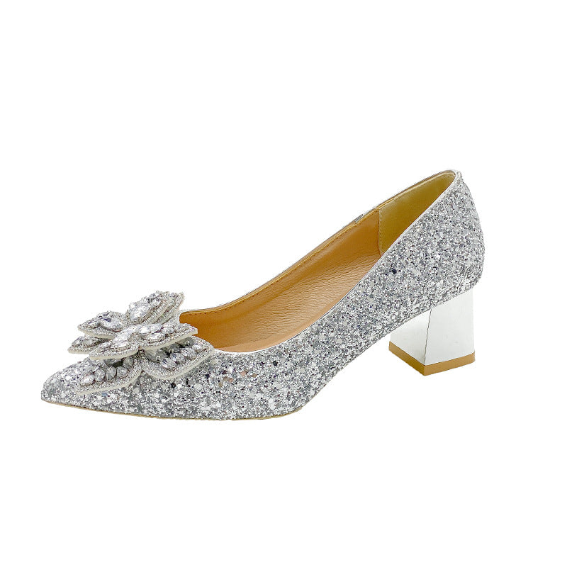 Crystal High Heels Women's Thick Heel French Style Elegant Bow plus size Rhinestone Sequin Single-layer Shoes Bridesmaid Shoes Xiuhe Wedding Shoes