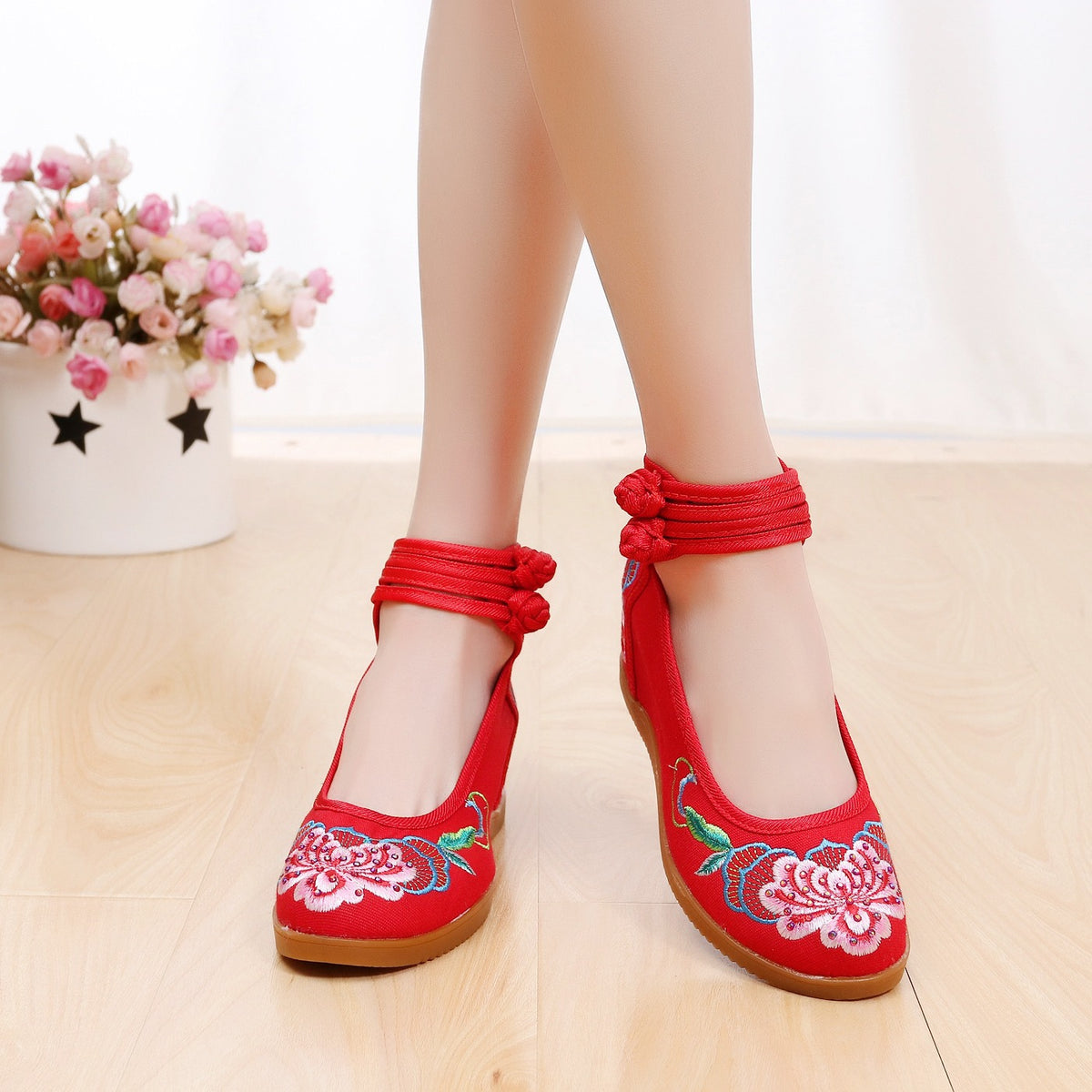 Hibiscus Flower 2020 Hot Drilling Ethnic Style Double Buckle Canvas Inner Height Increasing Women's Shoes Bridal High Heels