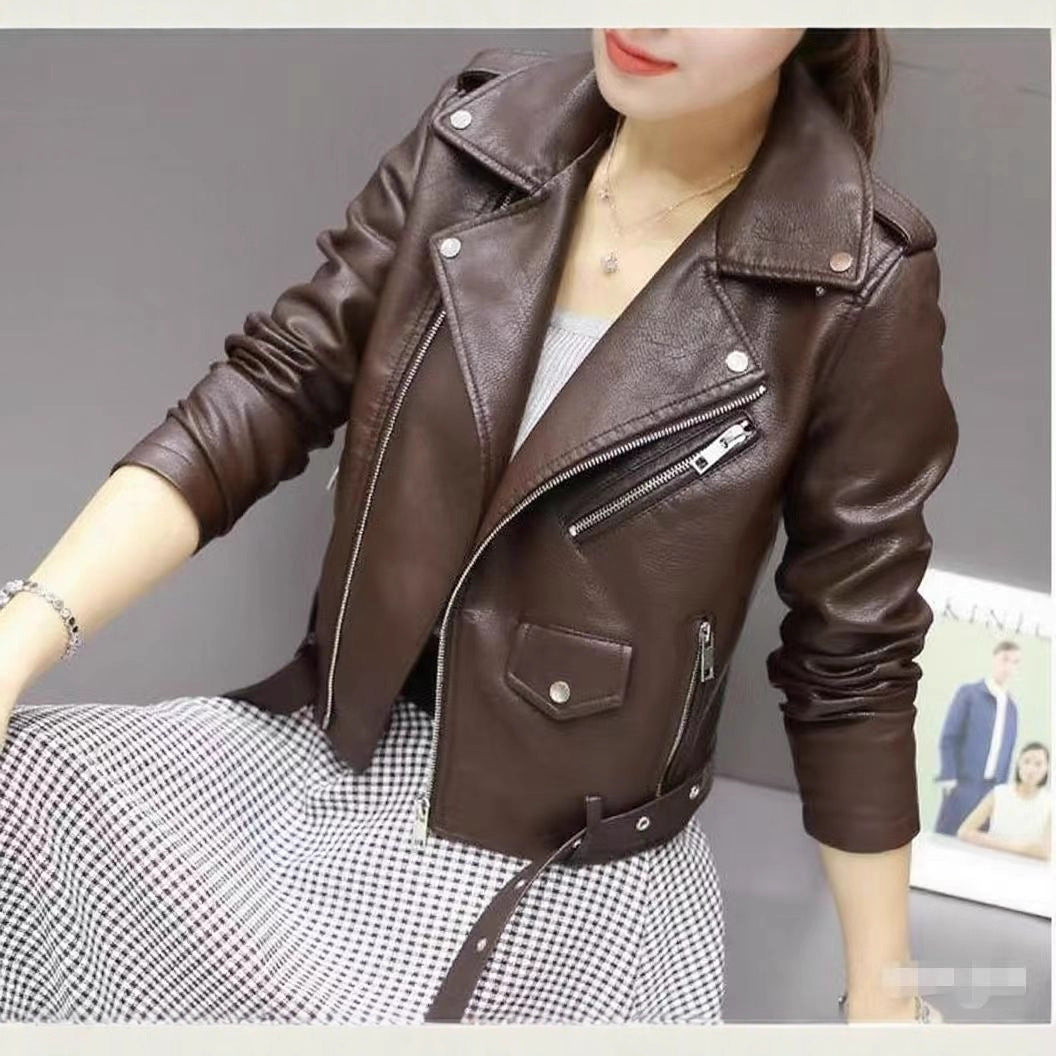 Women's Short Leather Jacket for Spring and Autumn, Motorcycle Pu Leather Jacket, Slim Fit, Plus Size, Student Style, Small Lapel, European and American Style