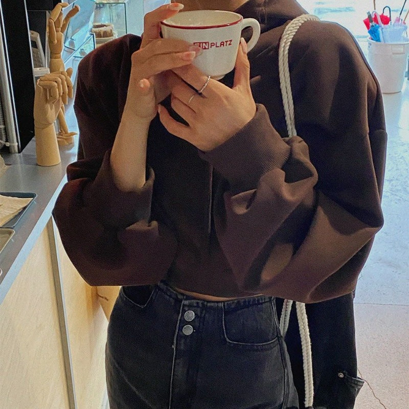 2026 Spring and Autumn Korean Style New Versatile Hooded Sweatshirt, Waist-Cinching Pure Cotton Short Pullover Sweatshirt for Women