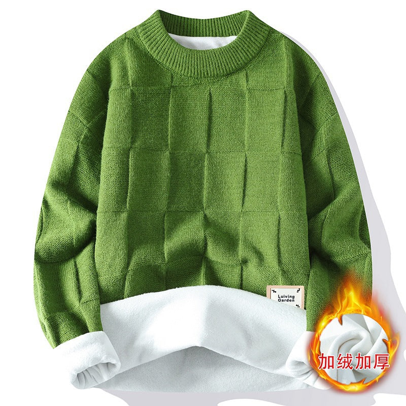 Sweater Men's Autumn and Winter New Half-turtleneck fleece-lined Thickened Warm Inner Men's Contrast Color Stitching Sweater Trend