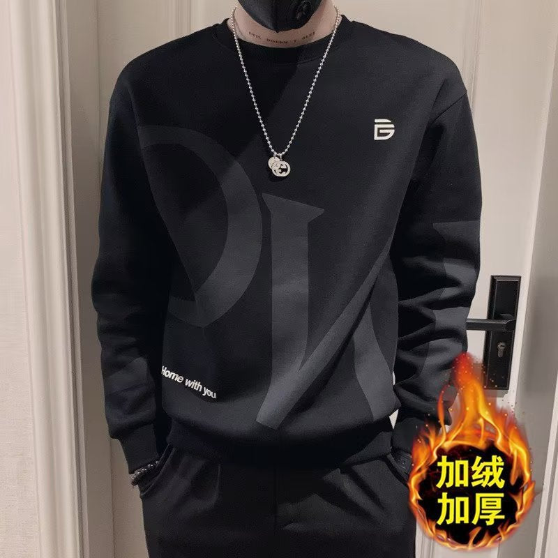 Autumn men's sweater stitching trend loose long sleeve top lazy style Harajuku style bf port fashion fleece-lined