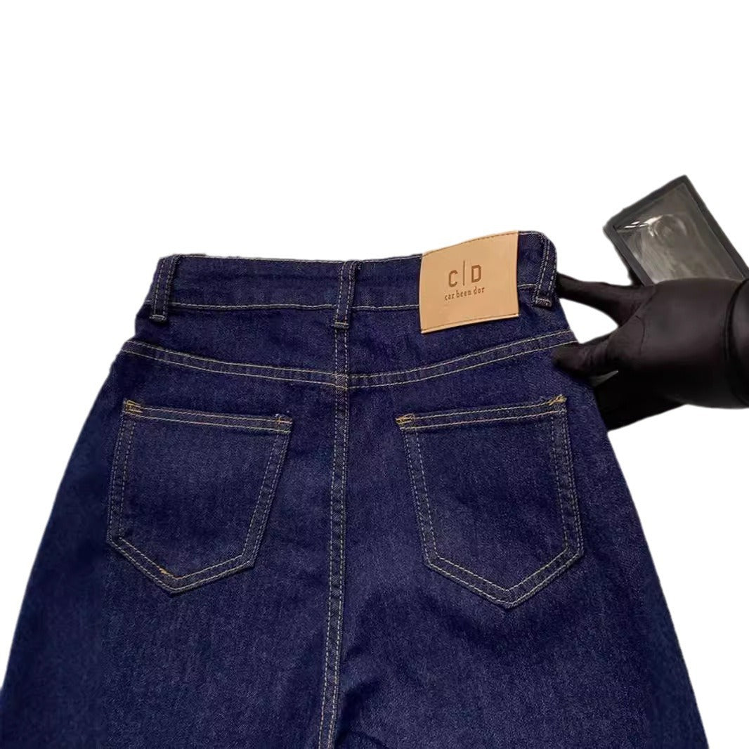 Denim Blue Straight-Leg Jeans for Women, Spring and Autumn 2025 New Style, High-Waisted Design, Slimming, Loose Wide-Leg Pants