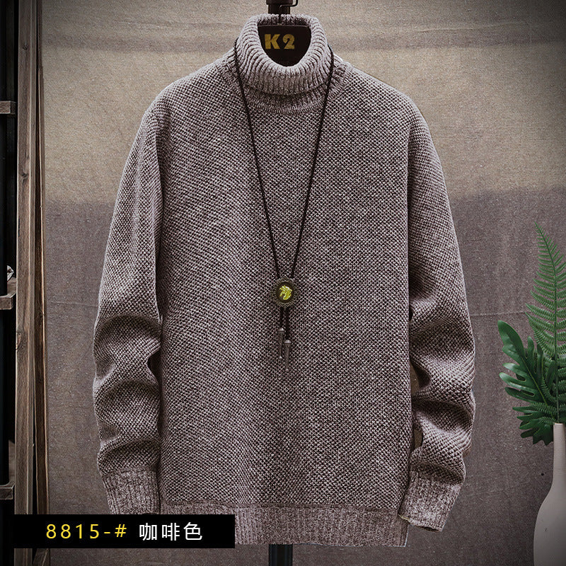 2023 autumn and winter men's turtleneck sweater fleece-lined thickened solid color simple pullover sweater base