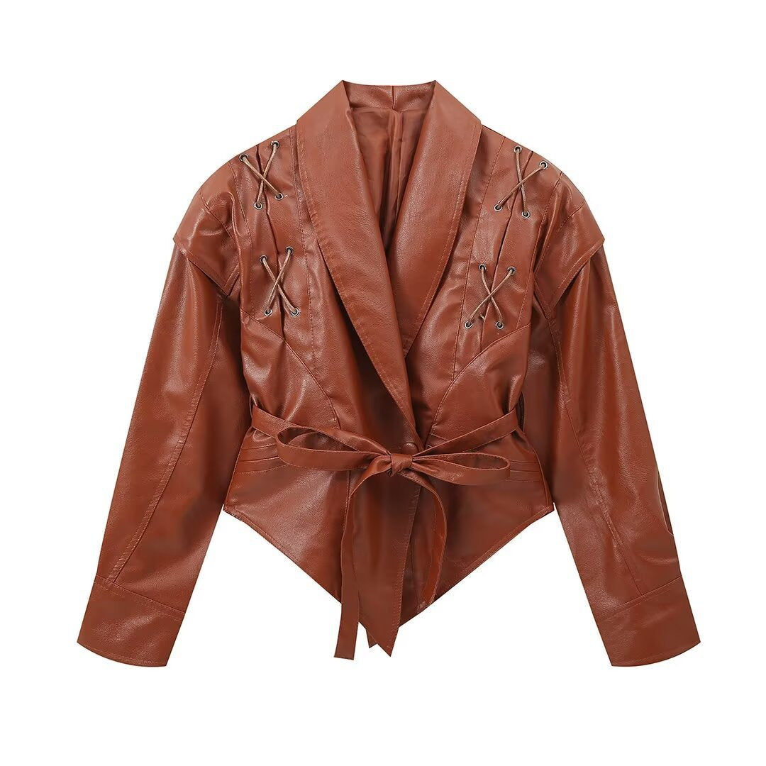 Cross-Border Aliexpress European and American Style Hot Style 2024 New Women's Clothing 4-Color Motorcycle Style Pure Color Strappy Waist Leather Jacket