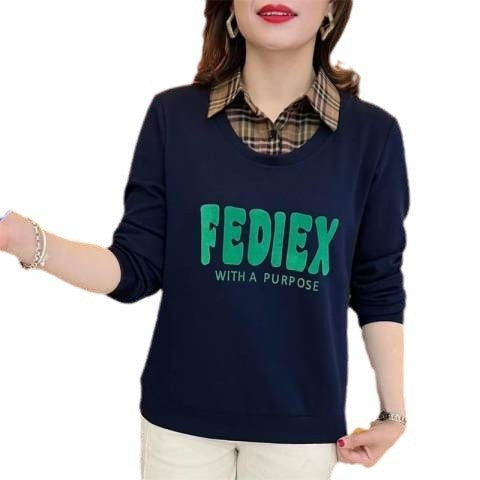 2024 Autumn and Winter fleece-lined Thickened Foreign Style Fake Two-piece Prellis Neck Sweaters Women's Letter Printed Loose Mothers' Fashionable Clothes