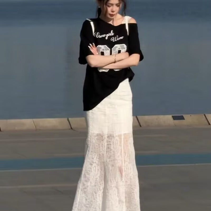Summer beautiful wear suit 2025 ~ new Korean fashion lace shoulder T-shirt fishtail skirt two-piece set