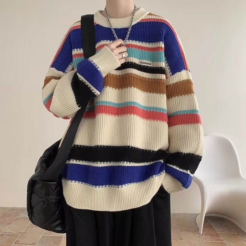 Autumn and Winter New Men's Sweater Loose Round Neck Striped Sweater Men's Fashionable Contrast Color Pullover Warm Top Clothes