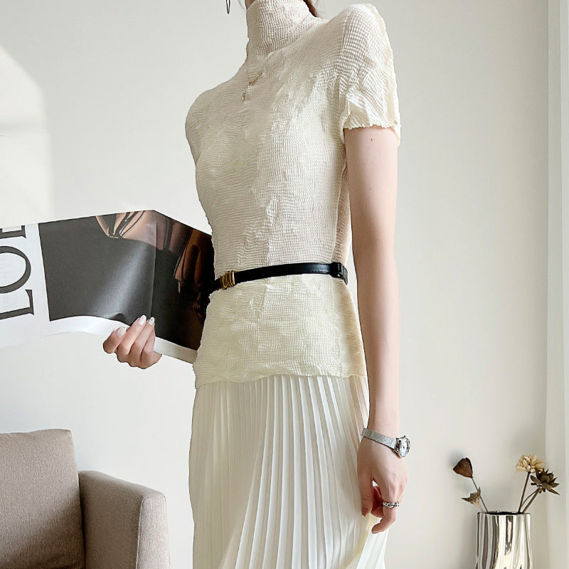 Pleated Tops Women's Bottoming Shirt Summer New Elegant High Collar Slim Fit Miyake Thin Short-Sleeved T-Shirt for Women