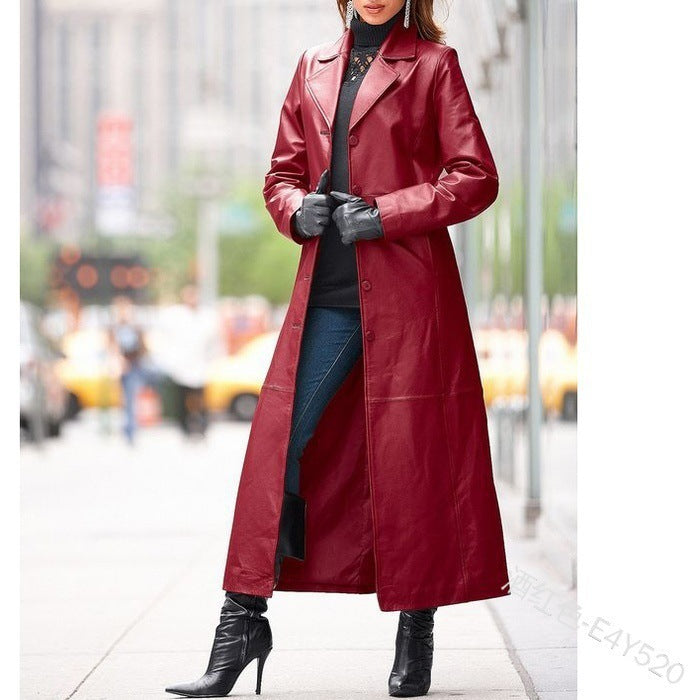 Ready-Made Cross-Border Supply European and American Clothing Buttoned Leather Jacket Long Outwear Slim Large Size Leather Windbreaker Wholesale