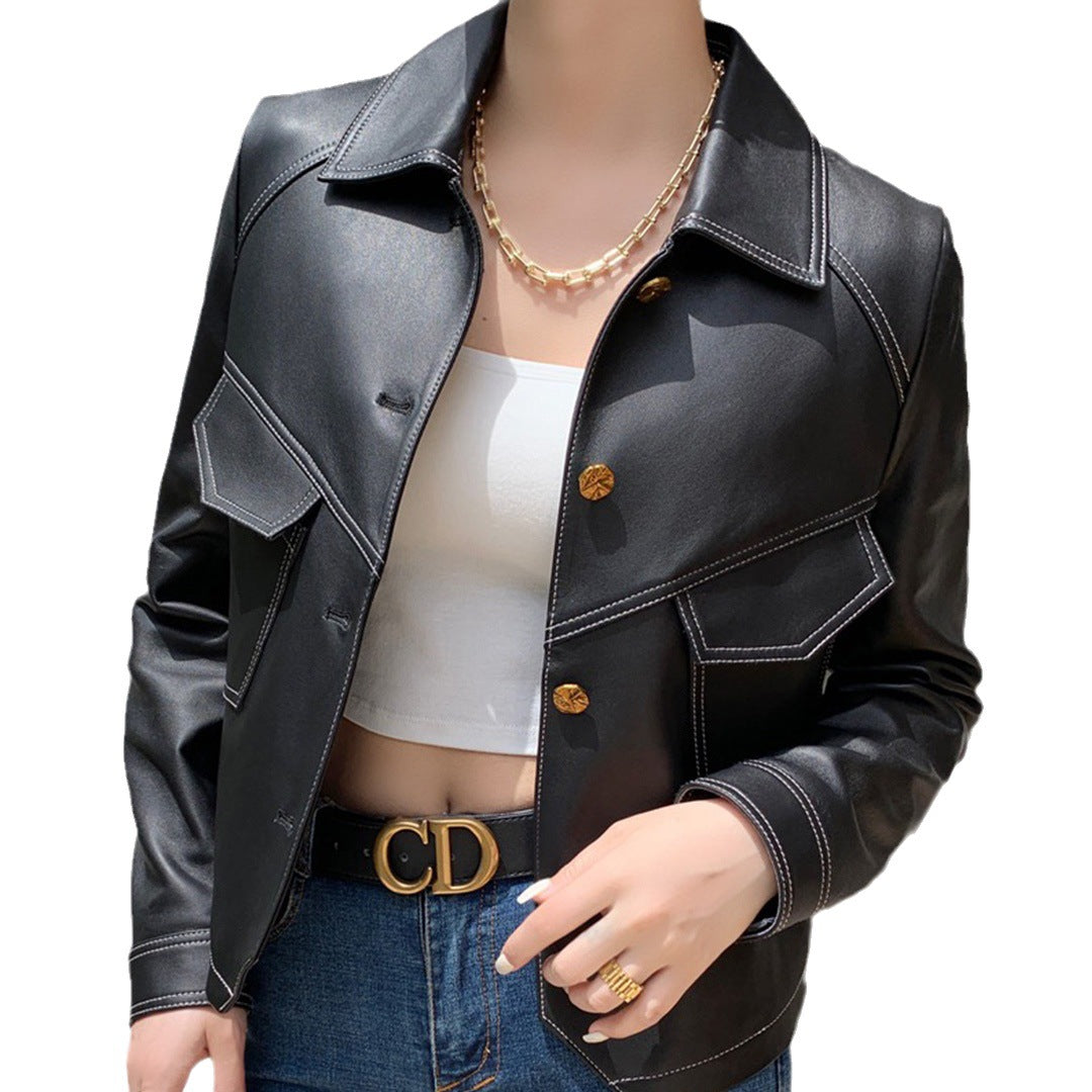 Haining Spring and Autumn New Leather Jacket Single Lined Leather Jacket Women's Short Slim Motorcycle Women's Short Leather Jacket C2707