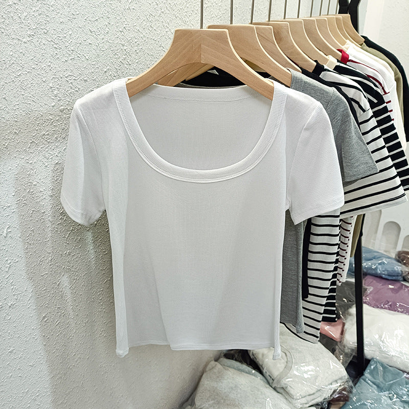Versatile Ribbed Elastic Short-Sleeve T-Shirt for Women, Summer 2026, Round Neck, Slim Fit, Solid Color Base Shirt Top