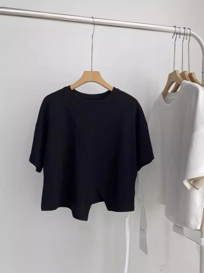 European-Style Regular Shoulder Short-Sleeve T-Shirt for Women, 2026 Summer New Plus-Size Slimming Top for Curvy Women, Tummy-Concealing with Irregular Slit Design