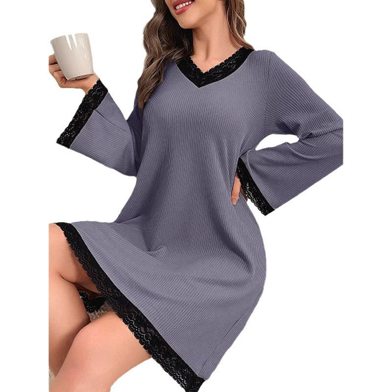 Pajamas for Women in Autumn and Winter New Style Lace Splicing Loose and Comfortable Nightgown Sweet High-end Dress Home Clothes