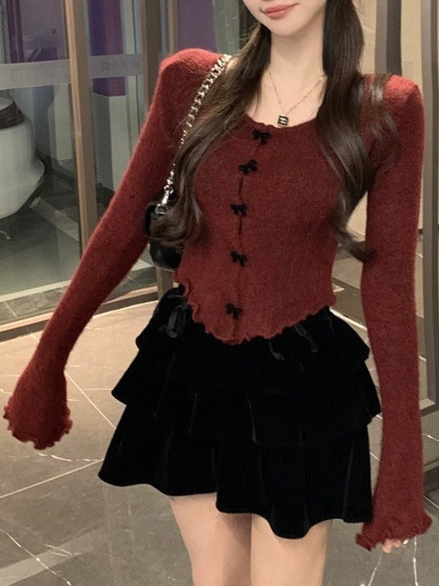 Red elegant fashion sweater women's autumn and winter 2024 New sweater undershirt short top slim fit