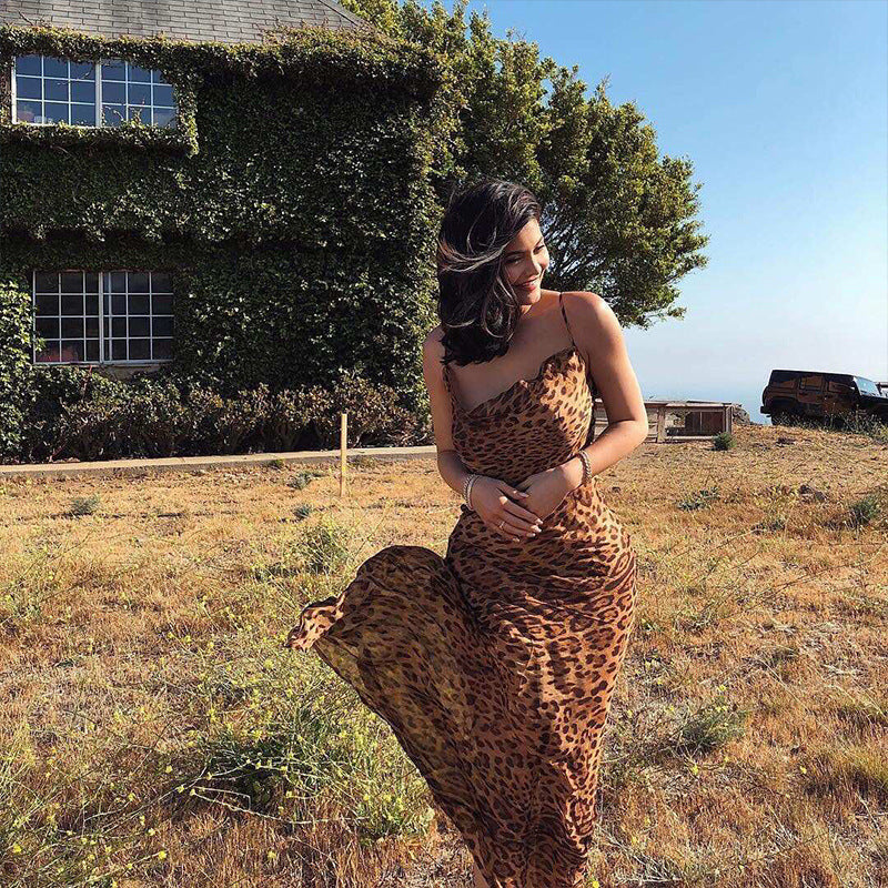 European and American Cross-Border Summer New Women's Clothing Amazon Best-Selling Backless Leopard Print Dress Women's Long Dress