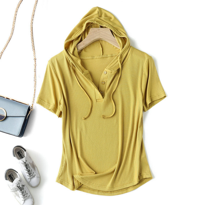 Modal thread short-sleeved hoodie T-shirt women's spring/summer plus size loose bottoming shirt slimming sun protection thin top