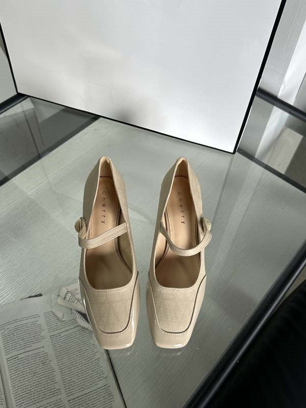 girls 2024 New Fashion High-Heeled Shoes, Chunky Heel Single Shoes, French-Style Magic Buckle, Square Toe, Pointed Toe, Mid-Heel, Fashionable and Versatile