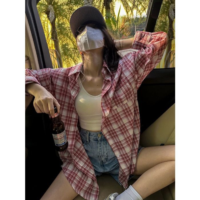 Cross-Border Japanese-Style Women's Autumn Tops Plaid Shirts Thin Sun-Protective Shirts Blouses Cross-Border Popular French-Style Plus-Size Casual